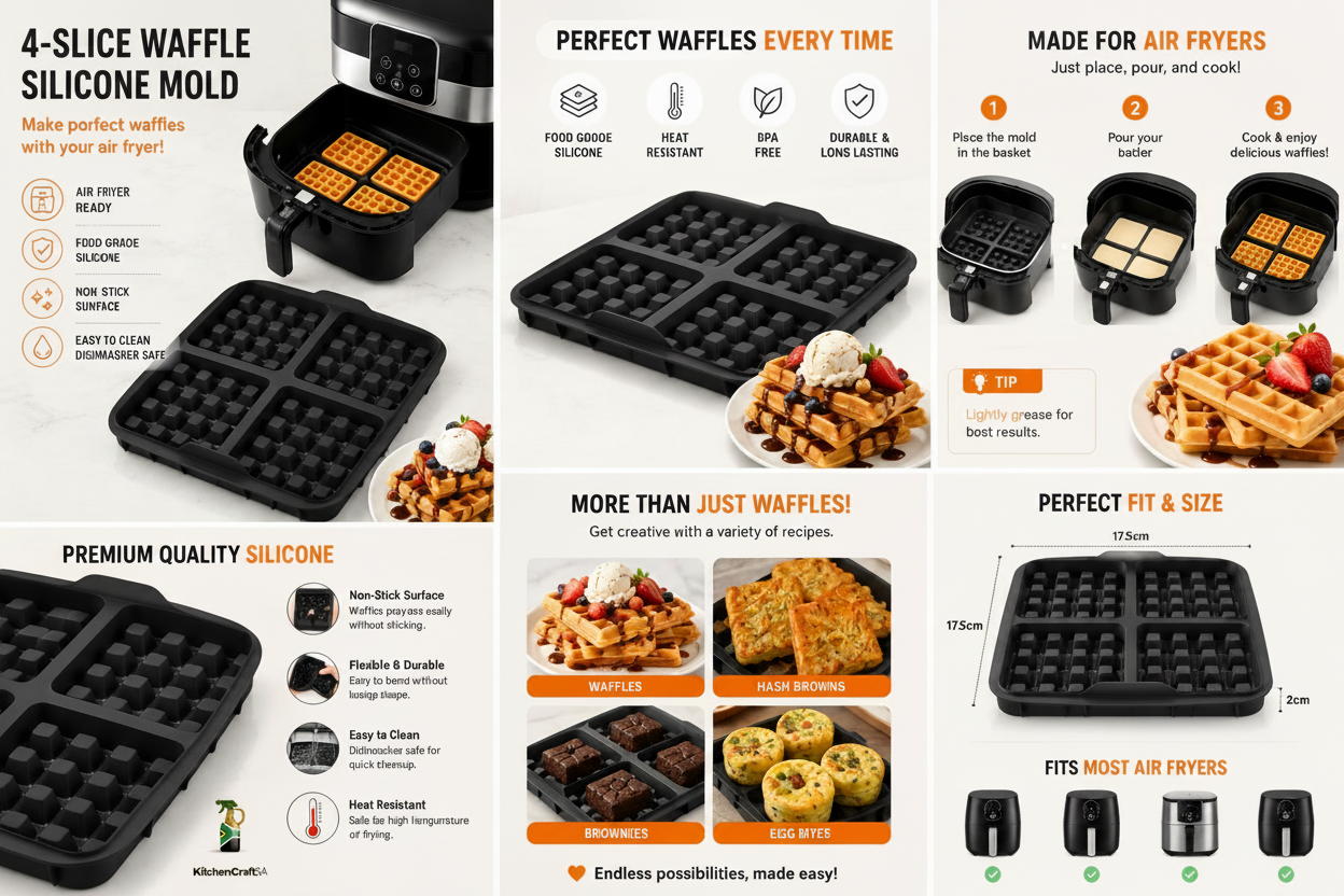 4-Slice Waffle Mold Infographic with KitchenCraft SA Logo
